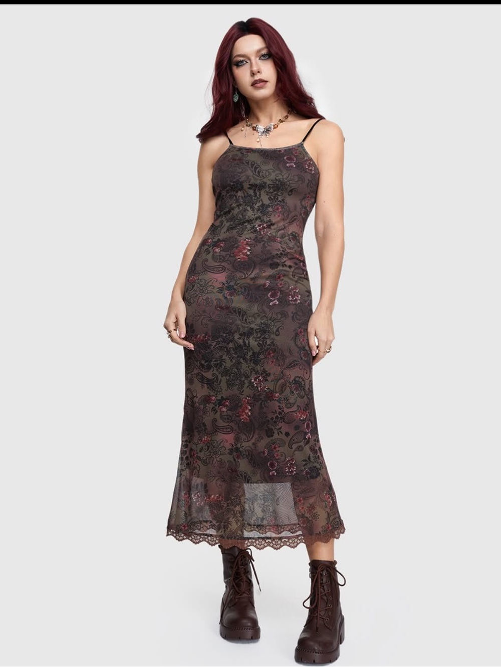 ROMWE Floral Lace Hem Maxi Dress XS 90s Vintage Aesthetic Grunge Slip Dress